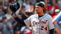BOSTON, MASSACHUSETTS - AUGUST 13: Miguel Cabrera #24 of the Detroit Tigers reacts after standing aviation during the ninth inning at Fenway Park of a game against the Boston Red Sox on August 13, 2023 in Boston, Massachusetts.   Brian Fluharty/Getty Images/AFP (Photo by Brian Fluharty / GETTY IMAGES NORTH AMERICA / Getty Images via AFP)