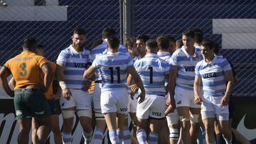 Argentina's Los Pumas players celebrate after teammate centre Jeronimo De Le Fuente scored a try against Asustralia's Wallabies during their Rugby Championship match at Bicentenario stadium in San Juan, Argentina, on August 13, 2022. (Photo by JUAN MABROMATA / AFP) (Photo by JUAN MABROMATA/AFP via Getty Images)