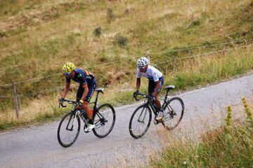 MODANE VALFREJUS, FRANCE - JULY 25:  Nairo Quintana (white jersey) of Colombia and Movistar Team and team mate Alejandro Valverde of Spain and Movistar Team ride during the twentieth stage of the 2015 Tour de France, a 110.5 km stage between Modane Valfrejus and L'Alpe d'Huez on July 25, 2015 in Modane Valfrejus, France.  (Photo by Bryn Lennon/Getty Images)