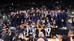 BOSTON, MA - JUNE 16: The Golden State Warriors pose for a photo with The Larry OBrien Trophy and The Bill Russell NBA Finals MVP Award after Game Six of the 2022 NBA Finals on June 16, 2022 at TD Garden in Boston, Massachusetts. NOTE TO USER: User expressly acknowledges and agrees that, by downloading and or using this photograph, user is consenting to the terms and conditions of Getty Images License Agreement. Mandatory Copyright Notice: Copyright 2022 NBAE (Photo by Joe Murphy/NBAE via Getty Images)
