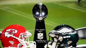 Feb 8, 2023; Phoenix, AZ, USA; Detailed view of the Vince Lombardi Trophy on display before a press conference at Media Center. Mandatory Credit: Kirby Lee-USA TODAY Sports