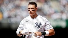 NEW YORK, NY - APRIL 23: Aaron Judge #99 of the New York Yankees reacts after lining out against the Toronto Blue Jays during the sixth inning at Yankee Stadium on April 23, 2023 in the Bronx borough of New York City. The Blue Jays won 5-1. #Photo by Adam Hunger/Getty Images) (Photo by Adam Hunger / GETTY IMAGES NORTH AMERICA / Getty Images via AFP)