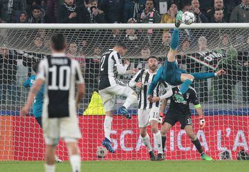 Cristiano Ronaldo scores his sides second goal during the UEFA Champions League Quarter Final against Juventus. (0-2)