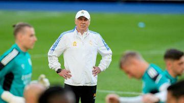 PARIS, FRANCE - MAY 27: head coach Carlo Ancelotti of Real Madrid CF looks on during the UEFA Champions League Final 2021/22 Real Madrid Training Session at Stade de France on May 27, 2022 in Paris, France. Real Madrid will face Liverpool in the UEFA Champions League final on May 28, 2022. (Photo by Alex Gottschalk/DeFodi Images via Getty Images)