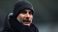 SWANSEA, WALES - FEBRUARY 10: Pep Guardiola, Manager of Manchester City reacts during a  during The Emirates FA Cup Fifth Round match between Swansea City and Manchester City at Liberty Stadium on February 10, 2021 in Swansea, Wales. Sporting stadiums aro