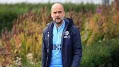 Manchester City's Spanish manager Pep Guardiola attends a team training session at Manchester City training ground.