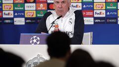 Real Madrid's coach Carlo Ancelotti answers to journalists during a press conference at Valdebebas Sport City in Madrid on November 7, 2023 on the eve of the UEFA Champions League group C football match between Real Madrid CF and SC Braga. (Photo by Thomas COEX / AFP)