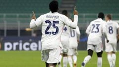 Rodrygo Goes celebrates scoring against Inter Milan in Wednesday&#039;s Champions League Group B match.