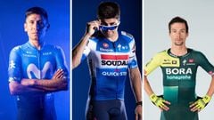 Nairo Quintana, Mikel Landa y Primoz Roglic posan con los maillots del Movistar. Soudal Quick-Step y Bora-Hansgrohe, con los que correrán en 2024.