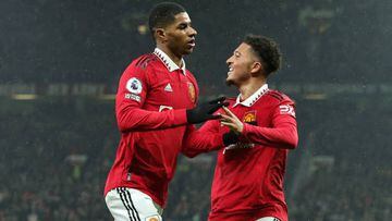 MANCHESTER, ENGLAND - APRIL 05: Marcus Rashford of Manchester United celebrates with teammate Jadon Sancho after scoring the team's first goal during the Premier League match between Manchester United and Brentford FC at Old Trafford on April 05, 2023 in Manchester, England. (Photo by David Rogers/Getty Images)