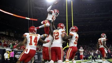 Oct 8, 2017; Houston, TX, USA; Kansas City Chiefs wide receiver De&#039;Anthony Thomas (13) celebrates with teammates after scoring a touchdown during the fourth quarter against the Houston Texans at NRG Stadium. Mandatory Credit: Kevin Jairaj-USA TODAY Sports