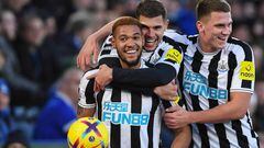 Joelinton of Newcastle United celebrates with teammates Bruno Guimaraes and Sven Botman after scoring a goal to make it 0-3 during the Premier League match between Leicester City and Newcastle United at the King Power Stadium, Leicester on Monday 26th December 2022. (Photo by Jon Hobley/MI News/NurPhoto via Getty Images)