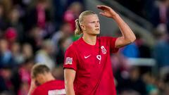 Norway's forward Erling Braut Haaland reacts after the UEFA Nations League football match Norway v Slovenia in Oslo, Norway, on June 9, 2022. (Photo by Javad Parsa / NTB / AFP) / Norway OUT