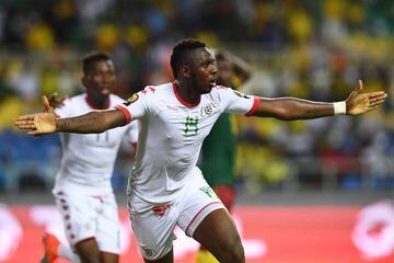 Burkina Faso's defender Issoufou Dayo celebrates after scoring a goal during the 2017 Africa Cup of Nations group A football match between Burkina Faso and Cameroon