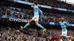 MANCHESTER, ENGLAND - SEPTEMBER 09: Leroy Sane of Manchester City celebrates scoring his sides fifth goal during the Premier League match between Manchester City and Liverpool at Etihad Stadium on September 9, 2017 in Manchester, England.  (Photo by Stu F