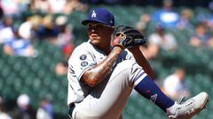 SEATTLE, WASHINGTON - APRIL 20: Julio Urias #7 of the Los Angeles Dodgers pitches during the first inning against the Seattle Mariners at T-Mobile Park on April 20, 2021 in Seattle, Washington. Abbie Parr/Getty Images/AFP  == FOR NEWSPAPERS, INTERNET, TEL