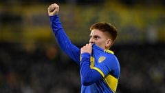 Boca Juniors' defender Valentin Barco celebrates after scoring during the Copa Libertadores group stage second leg football match between Argentina's Boca Juniors and Venezuela's Monagas at La Bombonera stadium in Buenos Aires on June 29, 2023. (Photo by JUAN MABROMATA / AFP)