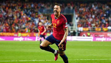 MALAGA, SPAIN - MARCH 25: Joselu Mato of Spain celebrates after scoring their side's third goal during the UEFA EURO 2024 Qualifying Round Group A match between Spain and Norway at La Rosaleda Stadium on March 25, 2023 in Malaga, Spain. (Photo by Silvestre Szpylma/Quality Sport Images/Getty Images)