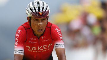 (FILES) In this file photo taken on July 13, 2022 Team Arkea-Samsic team's Colombian rider Nairo Quintana cycles in the final meters to the finish line of the 11th stage of the 109th edition of the Tour de France cycling race, 151,7 km between Albertville and Col du Granon Serre Chevalier, in the French Alps. - Team Arkea-Samsic team's Colombian rider Nairo Quintana was disqualified from the 2022 Tour de France cycling race, in which he had finished in overall sixth place, for a medical infraction, the International Cycling Union (UCI) announced on August 17, 2022. UCI reports that Quintana was disqualified for the use of banned susbtance tramadol, though it does not violate anti-doping regulations. (Photo by Thomas SAMSON / AFP)