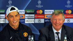 Cristiano Ronaldo y Sir Alex Ferguson comparecen en rueda de prensa como jugador y entrenador del Manchester United.
