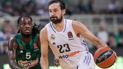 ATHENS, GREECE - OCTOBER 06: Paris Lee, #5 of Panathinaikos BC Athens competes with Sergio Llull, #23 of Real Madrid during the 2022/2023 Turkish Airlines EuroLeague Regular Season Round 1 match between Panathinaikos Athens and Real Madrid at OAKA on October 06, 2022 in Athens, Greece. (Photo by Panagiotis Moschandreou/Euroleague Basketball via Getty Images)