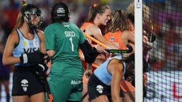 Netherlands players celebrating the opening goal during the FIH Womens World Cup Final match between Netherlands and Argentina played at Estadi Olimpic de Terrassa on July 17, 2022 in Terrasa, Barcelona, Spain. (Photo by Bagu Blanco / Pressinphoto / Icon Sport)