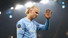 Manchester City's Norwegian striker #09 Erling Haaland is substituted during the UEFA Champions League Group B second leg football match between Manchester City and Young Boys at the Etihad Stadium in Manchester, north west England, on November 7, 2023. (Photo by Darren Staples / AFP)