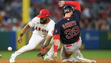 Jun 6, 2022; Anaheim, California, USA; Boston Red Sox right fielder Christian Arroyo (39) slides into second base to beat a throw to Los Angeles Angels second baseman Luis Rengifo (2) for a stolen base in the fifth inning at Angel Stadium.
