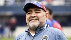 Diego Maradona coach of Gimnasia y Esgrima La Plata smiles before a match between Gimnasia y Esgrima La Plata and Uni&oacute;n as part of Superliga Argentina 2019/20