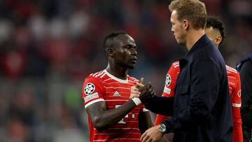 MUNICH, GERMANY - OCTOBER 04:Julian Nagelsmann, head coach  of FC Bayern München talks to his player Sadio Mane after  the UEFA Champions League group C match between FC Bayern München and Viktoria Plzen at Allianz Arena on October 04, 2022 in Munich, Germany. (Photo by Alexander Hassenstein/Getty Images)