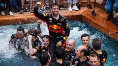 03 Daniel Ricciardo from Australia with Aston Martin Red Bull Tag Heuer RB14 celebrating his victory with the team at the swimming pool  during the Race of Monaco Formula One Gran Prix on May 27, 2018 at Monaco in Montecarlo. - Photo Xavier Bonilla