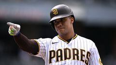 Jun 7, 2023; San Diego, California, USA; San Diego Padres left fielder Juan Soto (22) gestures after hitting a two-RBI single against the Seattle Mariners during the fifth inning at Petco Park. Mandatory Credit: Orlando Ramirez-USA TODAY Sports