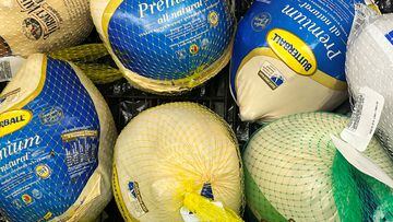 FILE PHOTO: Frozen turkeys displayed at a supermarket ahead of the Thanksgiving holiday in Chicago, Illinois, U.S. November 22, 2022. REUTERS/Jim Vondruska/File Photo