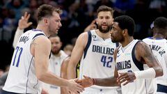 DALLAS, TEXAS - MARCH 07: Kyrie Irving #2 of the Dallas Mavericks celebrates with Luka Doncic #77 of the Dallas Mavericks after scoring against the Utah Jazz in the fourth quarter at American Airlines Center on March 07, 2023 in Dallas, Texas.   Tom Pennington/Getty Images/AFP (Photo by TOM PENNINGTON / GETTY IMAGES NORTH AMERICA / Getty Images via AFP)