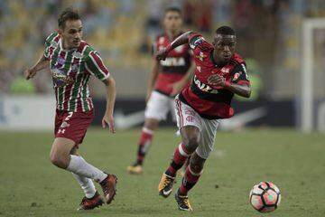 Brazil's Flamengo player Vinicius Jr in action against Fluminense player Lucas during the 2017 Sudamericana Cup.
