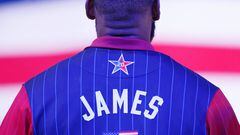 Feb 18, 2024; Indianapolis, Indiana, USA; Western Conference forward LeBron James (23) of the Los Angeles Lakers looks on during the national anthem before the 73rd NBA All Star game at Gainbridge Fieldhouse. Mandatory Credit: Kyle Terada-USA TODAY Sports
