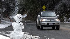A snowman is seen by the side of a road as snow falls on the hills around the Bay Area while a massive winter storm passes along the west coast, delivering some snow, freezing rains, and gusty winds around, near San Jose, California, U.S., February 23, 2023. REUTERS/Carlos Barria