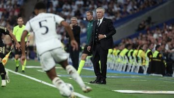 Real Madrid's Italian coach Carlo Ancelotti watches his players from the touchline during the UEFA Champions League 1st round day 1 group C football match between Real Madrid and Union Berlin at the Santiago Bernabeu stadium in Madrid on September 20, 2023. (Photo by Thomas COEX / AFP)
