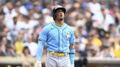 SAN DIEGO, CA - JUNE 18: Wander Franco #5 of the Tampa Bay Rays reacts after hitting a foul ball during the seventh inning of a baseball game against the San Diego Padres on June 18, 2023 at Petco Park in San Diego, California.   Denis Poroy/Getty Images/AFP (Photo by DENIS POROY / GETTY IMAGES NORTH AMERICA / Getty Images via AFP)