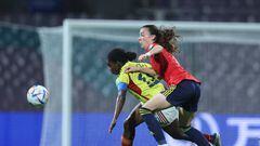 NAVI MUMBAI, INDIA - OCTOBER 12: Linda Caicedo of Colombia and Lucia Corrales of Spain compete for the ball during the FIFA U-17 Women's World Cup 2022 Group C match between Spain and Colombia at DY Patil Stadium on October 12, 2022 in Navi Mumbai, India. (Photo by Joern Pollex - FIFA/FIFA via Getty Images)