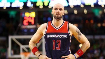 BOSTON, MA - MAY 2: Marcin Gortat #13 of the Washington Wizards reacts after receiving his 6th personal foul during overtime of the Boston Celtics 129-119 win over the Wizards in Game Two of the Eastern Conference Semifinals at TD Garden on May 2, 2017 in Boston, Massachusetts. NOTE TO USER: User expressly acknowledges and agrees that, by downloading and or using this Photograph, user is consenting to the terms and conditions of the Getty Images License Agreement.   Maddie Meyer/Getty Images/AFP == FOR NEWSPAPERS, INTERNET, TELCOS &amp; TELEVISION USE ONLY ==