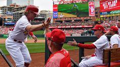 ST LOUIS, MO - APRIL 11: Harrison Bader #48 of the St. Louis Cardinals is congratulated by pitching coach Mike Maddux #31 and manager Mike Shildt #8 after scoring during the fifth inning at Busch Stadium on April 11, 2019 in St Louis, Missouri.   Jeff Curry/Getty Images/AFP == FOR NEWSPAPERS, INTERNET, TELCOS &amp; TELEVISION USE ONLY ==