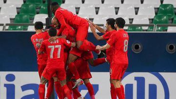Duhail&#039;s players celebrate their goal during the AFC Champions League group C match between Qatar&#039;s Al-Duhail and UAE&#039;s Sharjah on September 15, 2020, at the Education City Stadium in the Qatari city of Ar-Rayyan. 