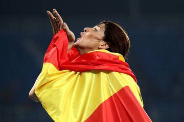 Spain's Ruth Beitia sends out a kiss after winning gold in the Women's High Jump Final.