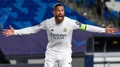 Real Madrid&#039;s Spanish defender Sergio Ramos celebrates his goal during the UEFA Champions League group B football match between Real Madrid and Inter Milan at the Alfredo di Stefano stadium in Valdebebas, on the outskirts of Madrid, on November 3, 20
