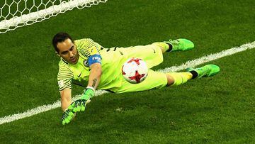 KAZAN, RUSSIA - JUNE 28:  Claudio Bravo of Chile saves Portugal second penatly during the penalty shoot out during the FIFA Confederations Cup Russia 2017 Semi-Final between Portugal and Chile at Kazan Arena on June 28, 2017 in Kazan, Russia.  (Photo by Laurence Griffiths/Getty Images)
