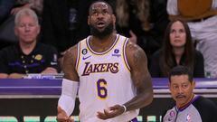 May 20, 2023; Los Angeles, California, USA; Los Angeles Lakers forward LeBron James (6) reacts in the first half against the Denver Nuggets during game three of the Western Conference Finals for the 2023 NBA playoffs at Crypto.com Arena. Mandatory Credit: Jayne Kamin-Oncea-USA TODAY Sports