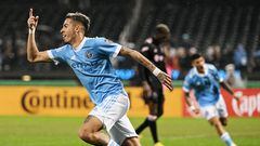 Oct 17, 2022; Queens, New York, USA;  New York City FC midfielder Gabriel Pereira (38) celebrates his goal in the 63rd minute during the second half of a MLS Eastern Conference quarterfinal match against Inter Miami CF at Citi Field. Mandatory Credit: Mark Smith-USA TODAY Sports