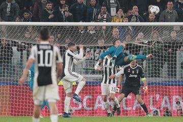 Cristiano Ronaldo scores his sides second goal during the UEFA Champions League Quarter Final against Juventus. (0-2)