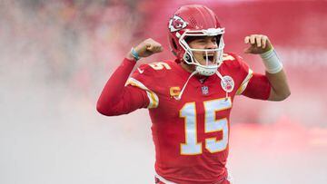 KANSAS CITY, MO - JANUARY 21: Patrick Mahomes #15 of the Kansas City Chiefs celebrates as he is introduced before kickoff against the Jacksonville Jaguars at GEHA Field at Arrowhead Stadium on January 21, 2023 in Kansas City, Missouri. (Photo by Cooper Neill/Getty Images)